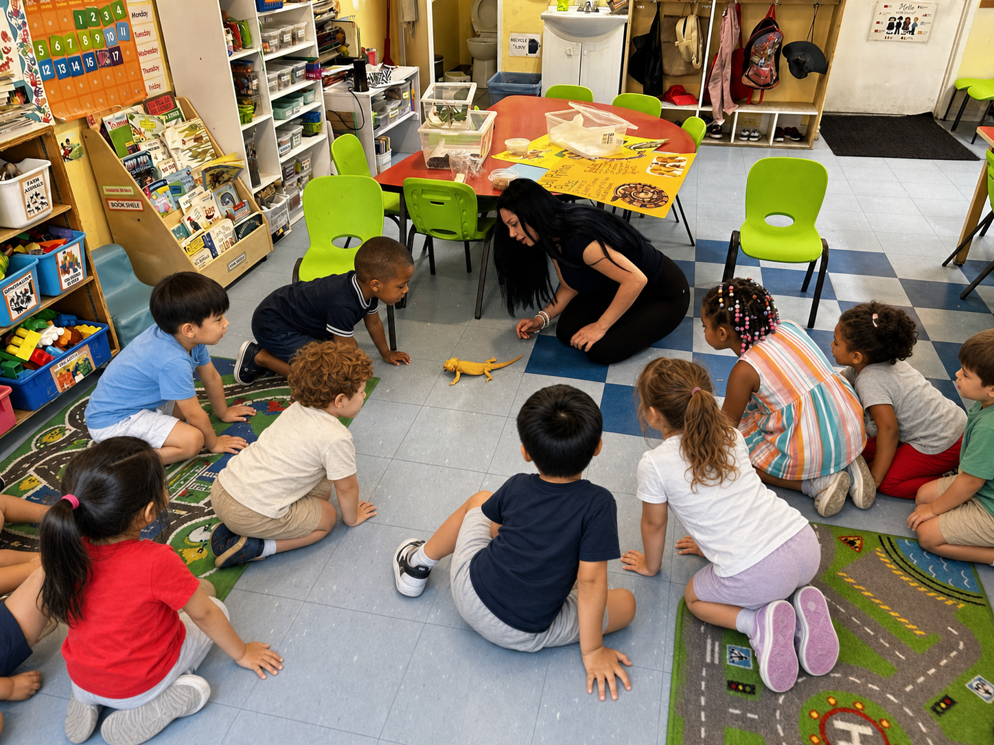 An educator introducing a bearded dragon to children